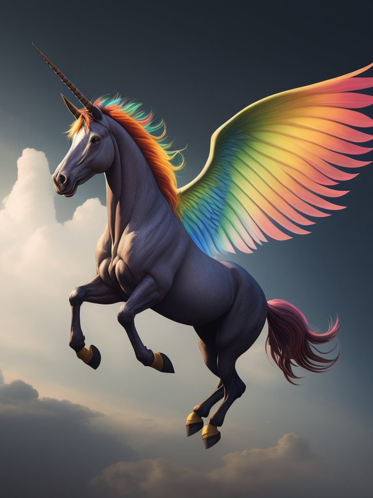 Rainbow colored Unicorn with wings flying through sky
