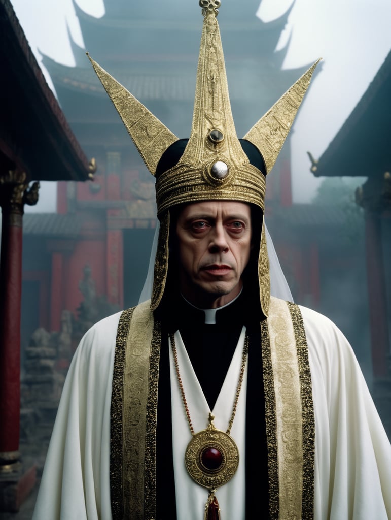 Steve Buscemi as A Satantic Priest, full satantic ritual clothing, headdress, in a satantic temple, fog, atmospheric particles, shot on 70mm film with Panavision Panaflex using prime lens