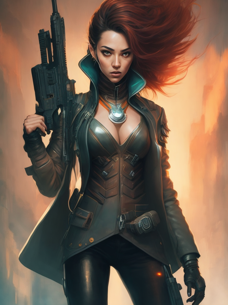 a woman in a futuristic suit holding a gun in her hand, looking at the camera, cyberpunk art, neo-figurative, anime