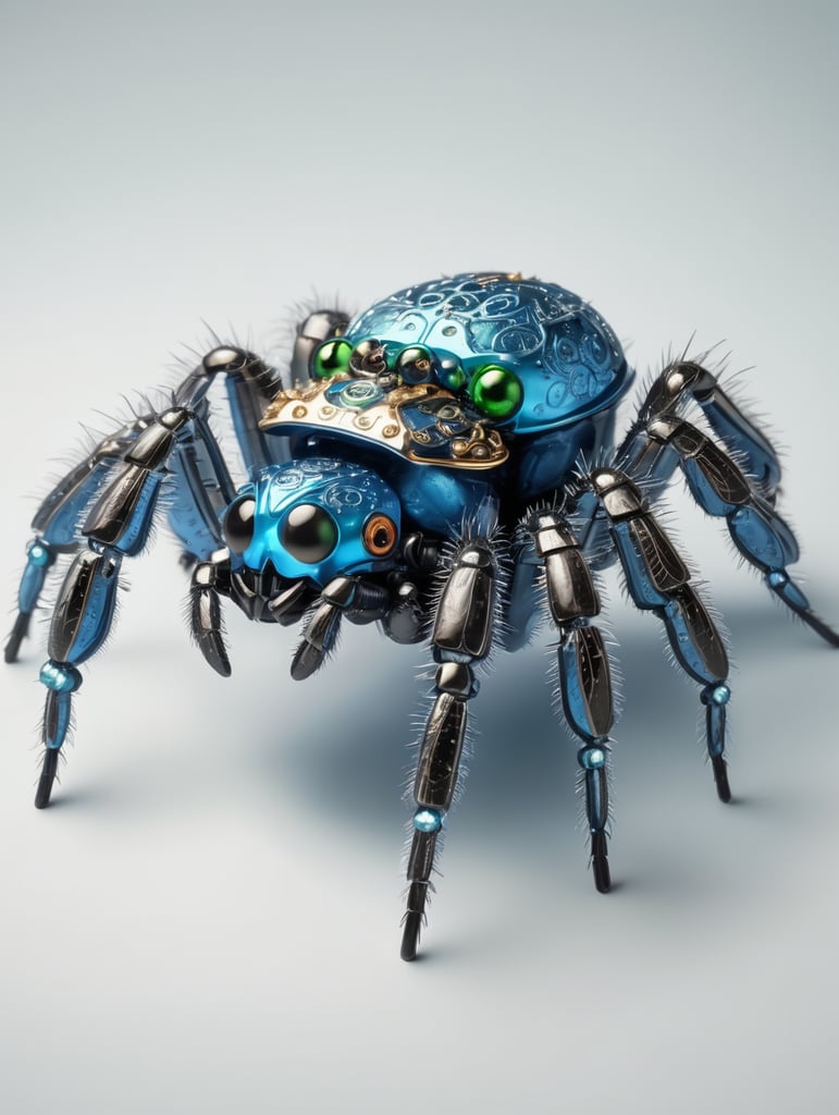 3D realistic mechanical jumping spider (Plexippus paykulli), isolate the spider, the jumping spider should be the same shape as a real the real insect that is now mechanical, with bright blues and greens metal colors with a iridescence exoskeleton, intricate details, nuts, bolts, gears and cogs and real-world mechanics on a bright and solid plain background with matching lights, eye level perspective, photo realistic, show the whole insect, minimalist composition,