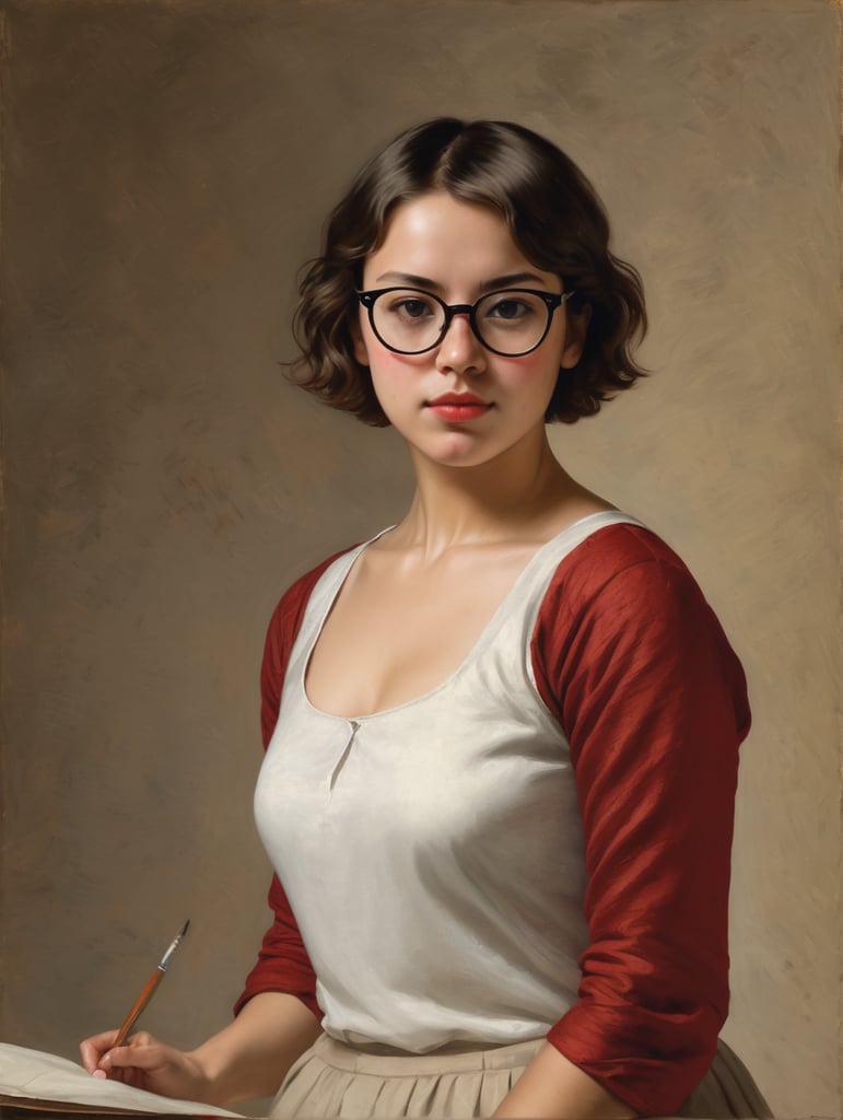 A masterpiece painting by Diego Velázquez of a beautiful young woman with short hair, wearing glasses, and classical white top with red cover