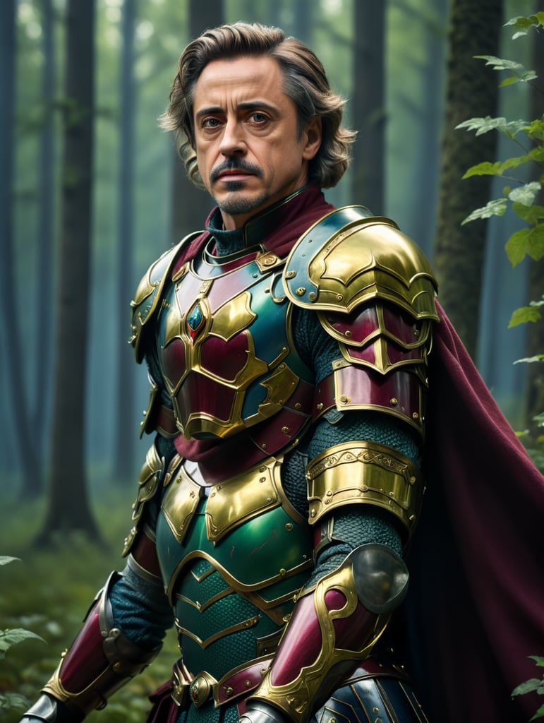 30 years robert downey jr in green-gold medieval armor, gray short hair whit only mustache against the backdrop of a forest in blue-burgundy tones, blurred background, focus on the men, detailed armor, Dramatic Lighting, Depth of field, Incredibly high detailed