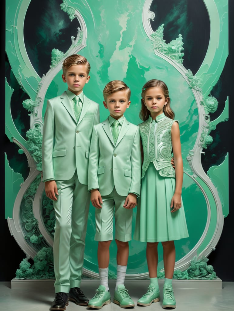 a girl and a boy, an older boy, a brother and sister pose on a mint green abstract background, in modern mint green clothes