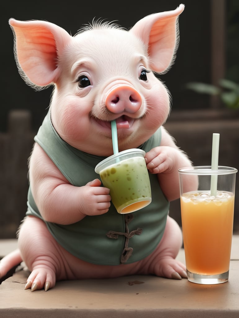 A cute pig drinking boba