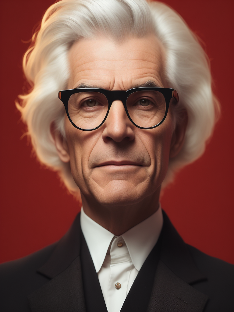 Portrait of an American man in a light suit with white hair wearing glasses with black thick rims, portrait in the style of advertising 50s, red background, sharp focus, highly detailed, vintage advertising, retro style