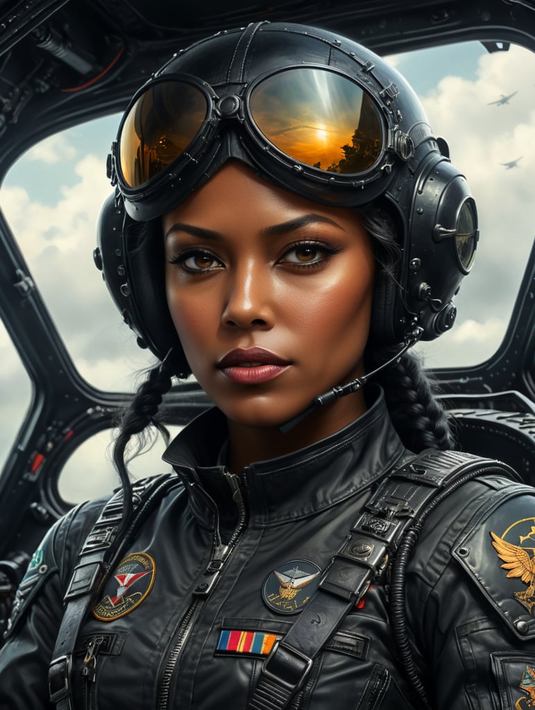 Black aviatrix in black pilot uniform