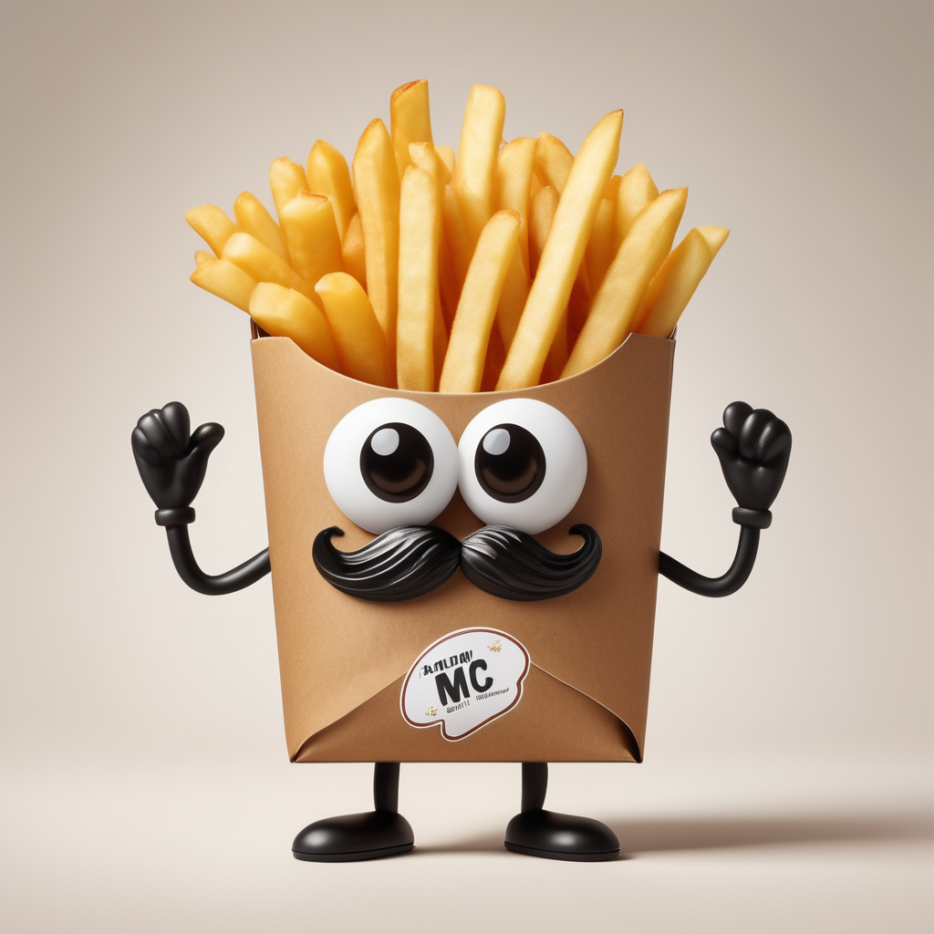 a cartoony french fry with eyes, hands legs, a beret on its head and a mustache on its face. the cartoon french fry should be sitting at a table eating fries in a Mc Donalds box