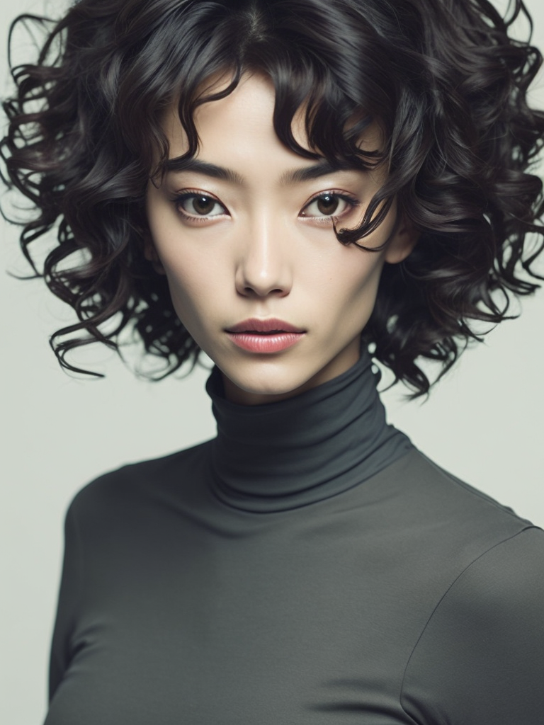 asian woman with short curly hair, wearing a turtleneck neck, anime manga art style