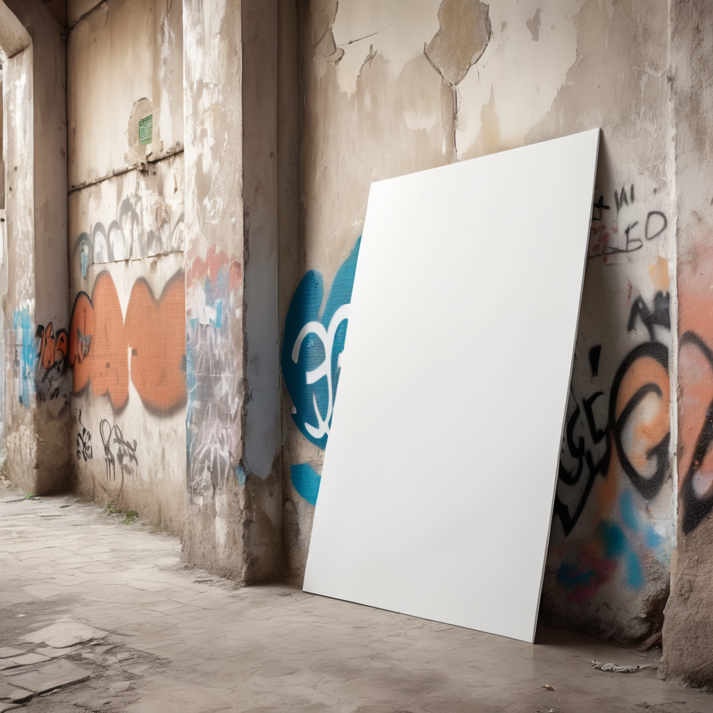 a white blank poster hangs on an old shabby wall with graffiti, the corner of the poster is bent, people are blurred, daylight, mockup, mock up