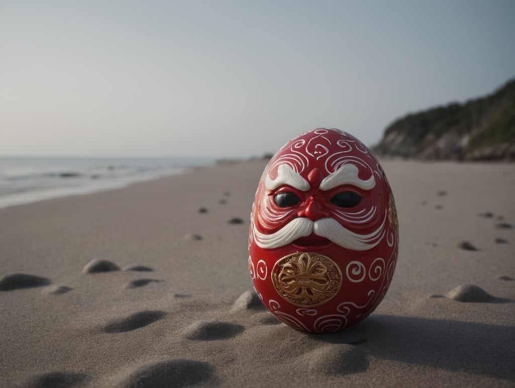 small Japanese happy daruma figure as an red and white dominated egg with gold. Situated on a beach close to the sea. Left eye has no pupil