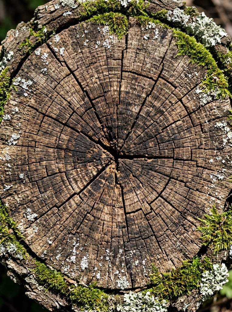 A macro top-down view of a weathered tree trunk cross-section fills the frame with intricate organic geometry. Concentric growth rings ripple outward from a dark core, heavily intersected by deep, jagged radial fissures forming a chaotic starburst pattern. The textured wood transitions from rich umber brown in the center to lighter tan, encircled by a prominent, vibrant band of green moss and algae. Small, chalky white patches of lichen speckle the rough surface. Captured in sharp, high-contrast natural lighting, the composition highlights the tactile depth of the crevices and the complex, aged wood grain.