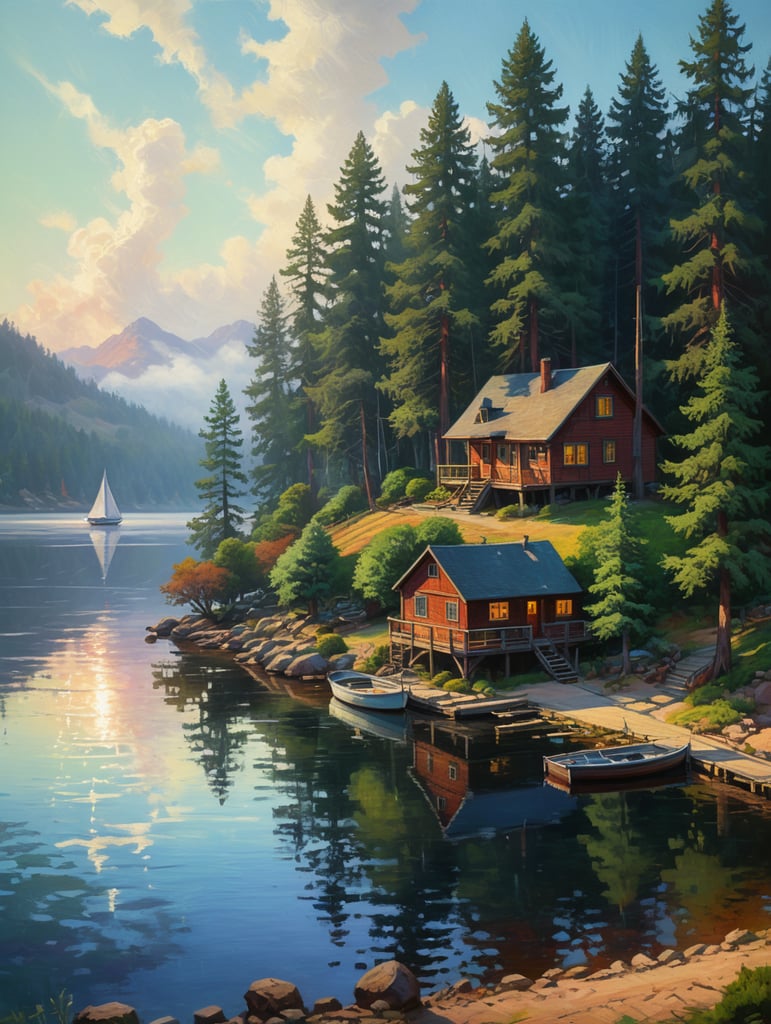 Lake, sail boat, landscape, rpg style, erin hanson, trees, quay, wharf, morning light with long shadows and mist, some fog, house, painting, hill, spruce tree, some sand