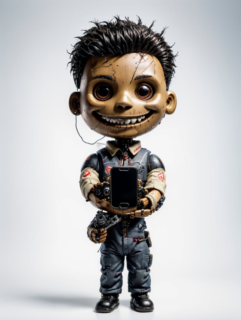 white background voodoo doll basic pins stitched (man) happy sorrindo com celular na mão