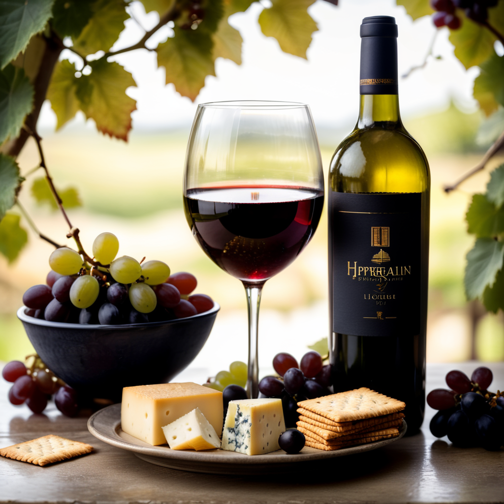 A glass of wine with cheese, crackers, grapes, and olives