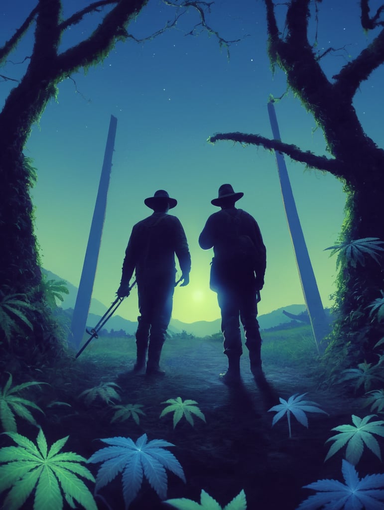 Using only the colors in the reference image, show a peaceful and relaxing glowing hemp farm