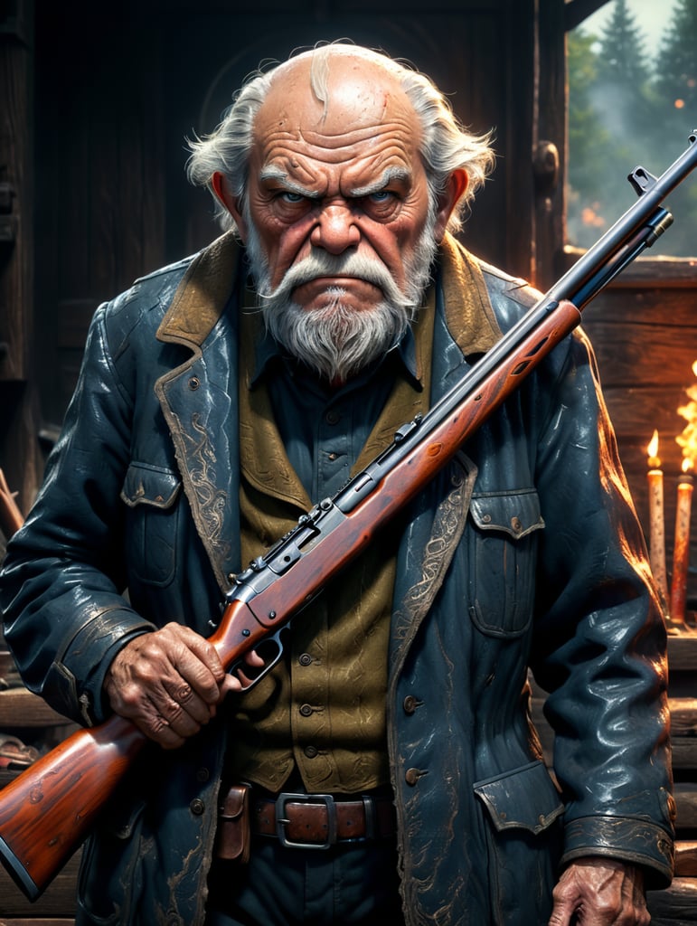 Make the old grumpy man with a shotgun in anime style