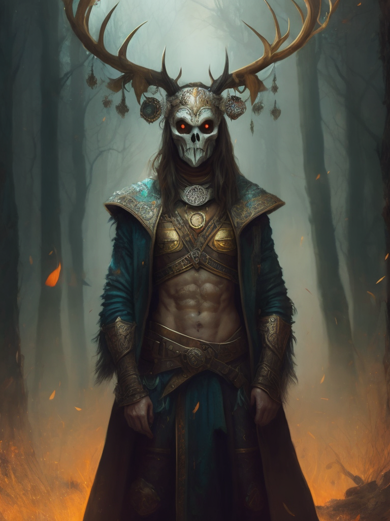 full-length portrait of a Celtic pagan druid wearing a stag skull mask, rune symbols, fantasy concept art, highly detailed