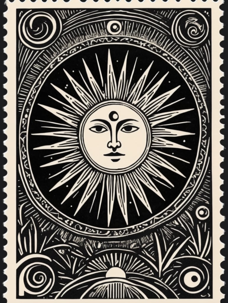Black and white linocut postage stamp sun tarot thick bold dark lines