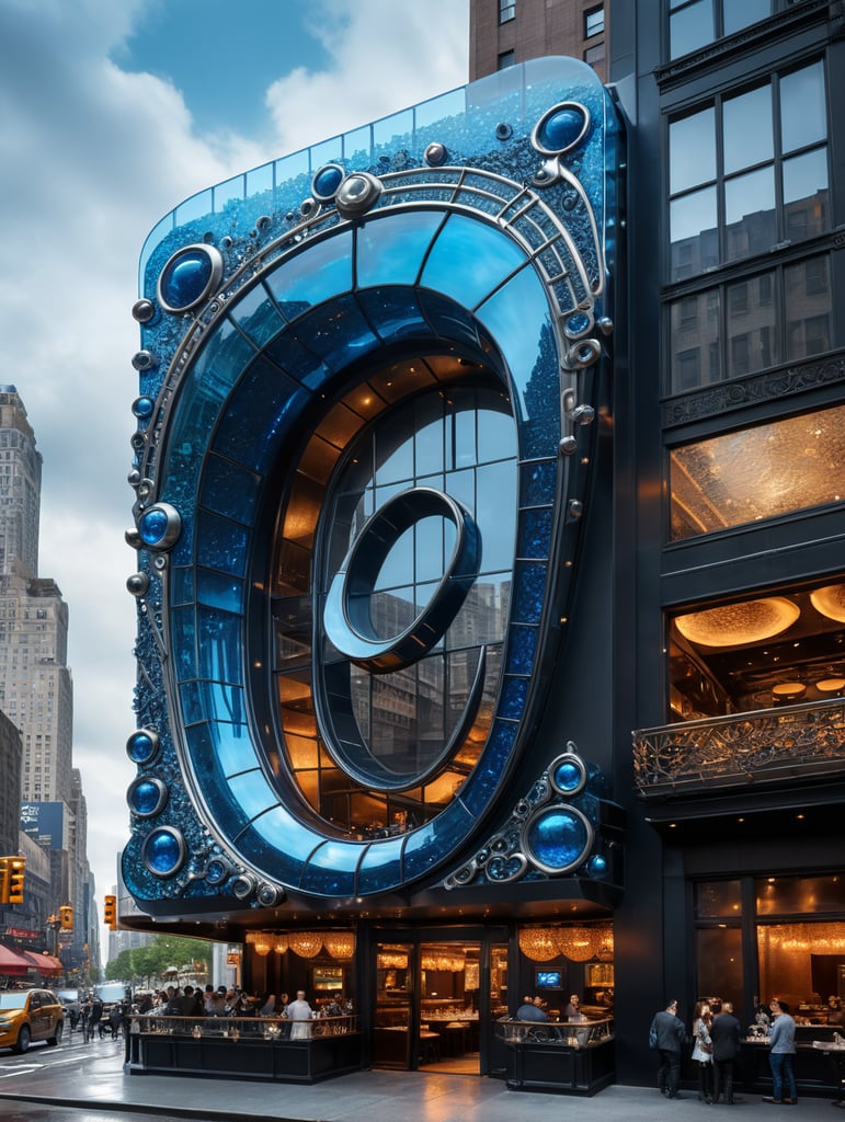 A futuristic neocosmic architectural facade of à Restaurant on the form of a musical note, in New York city, in blue glass, hyper realistic, hyper detailed, Nikon camera