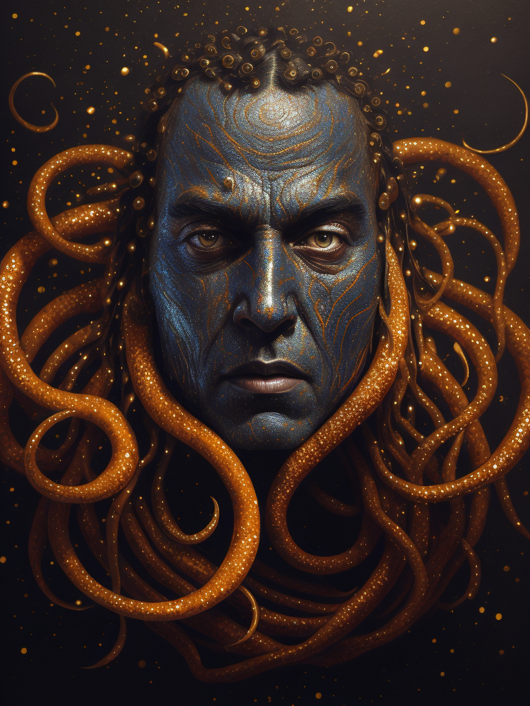 Vibrant Fine Art Pointillism Engraved into Black Metal, Surreal portrait, Octopus with long flowing colorful tentacles, Hundertwasser and Soulages, hyperrealism, textured depth, tarot, vivid interplay of light and shadow