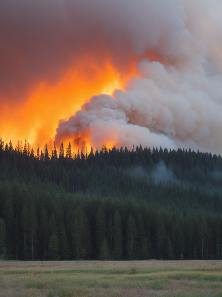 Canada wildfire 2023, Create an image depicting a vast forest landscape in Canada, with flames raging across the horizon. Show the smoke billowing into the sky, casting an ominous orange glow.