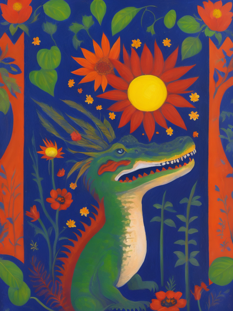 An oil painting shows a crocodile and flowers in one pose, flowers, sun, in the style of light maroon and royal blue and poppy pink, berlin secession, contemporary folk art, confessional, green accents, emotional figures