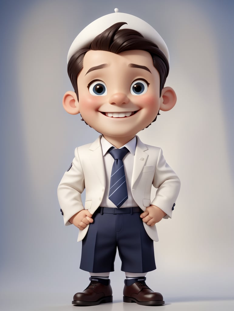 Male orthodox religious jewish boy with white skin, smiling, full body, wearing a navy suit and tie and a yarmulke.