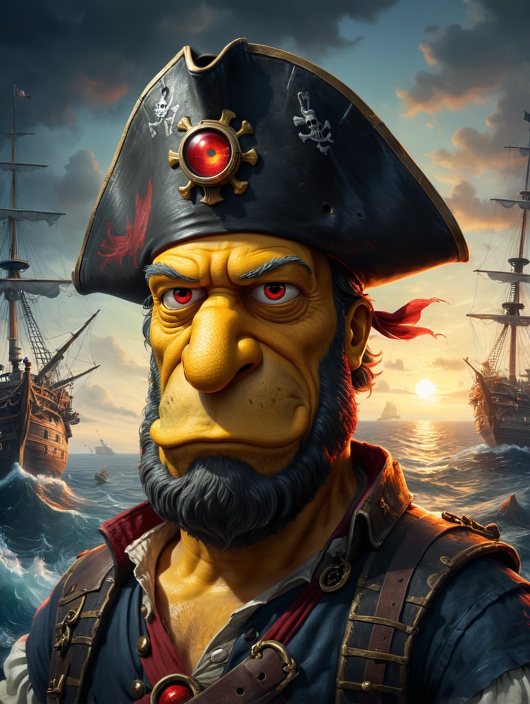 Homer Simpson as a pirate, tricon hat, red patch