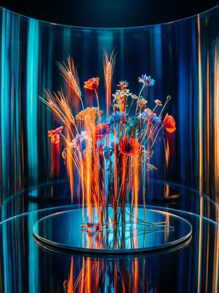 A cluster of flowers and wheat stalks transformed by heavy, dramatic vertical motion blur and long-exposure light streaks. The organic forms of the petals and grain heads are elongated into kinetic, ethereal vertical striations, illuminated by intense, neon-like rim lighting in fiery orange and bright crimson. These luminous warm tones contrast sharply against a deep, highly saturated backdrop of cyan and sapphire blue. The botanical arrangement is centrally positioned on a polished, highly reflective circular platform that mirrors the stretched, glowing stems and petals in a glassy puddle of light. The surrounding environment consists of abstract, vertical bands of glowing color forming a curved, cylindrical visual boundary, enveloping the subjects in a high-contrast, theatrical, and dreamlike atmosphere defined by smooth, fluid textures and vibrant, streak-like chromatic bleeding.