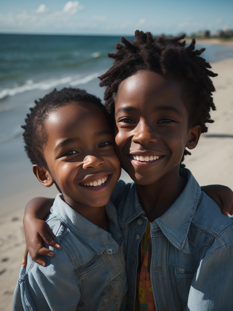 Imagem de duas ou mais crianças, uma ou mais crianças negras e algumas outras crianças brancas, todas elas sorrindo, em estado emocional de alegria, festejando a vida em um dia iluminado com a luz natural, em uma praia paradisiaca a luz do dia. Estão vestidas com roupas coloridas, festejando a amizade.