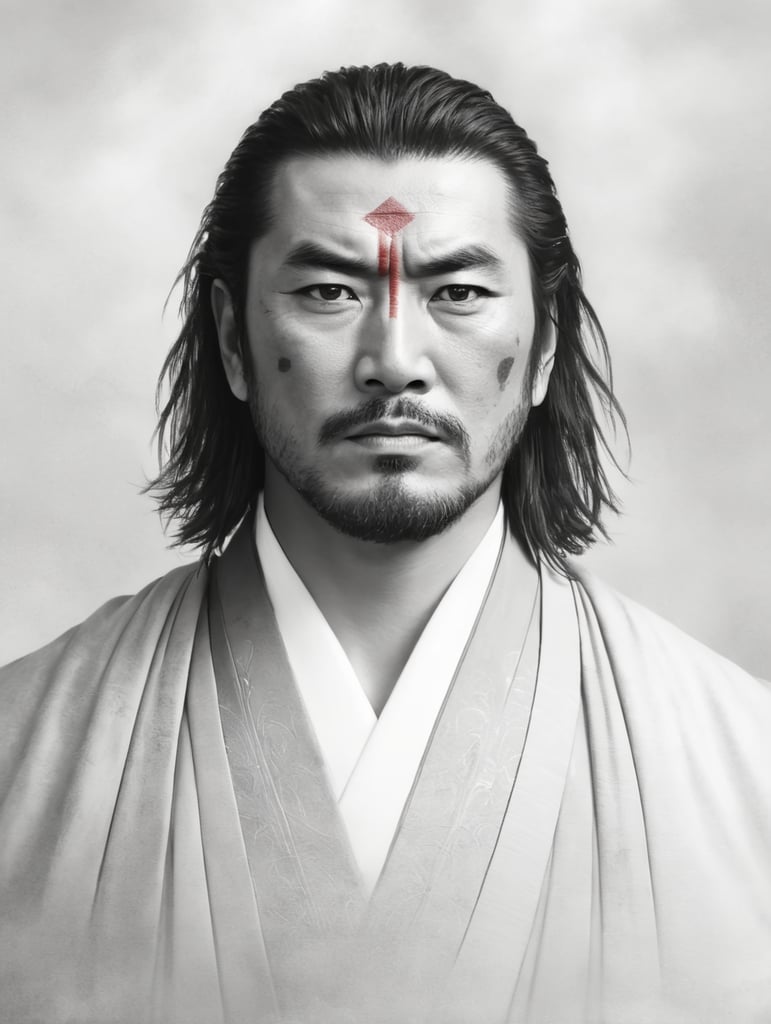 Portrait of a Samurai with a scar on his face, a very serious expression, classic Japanese painting style