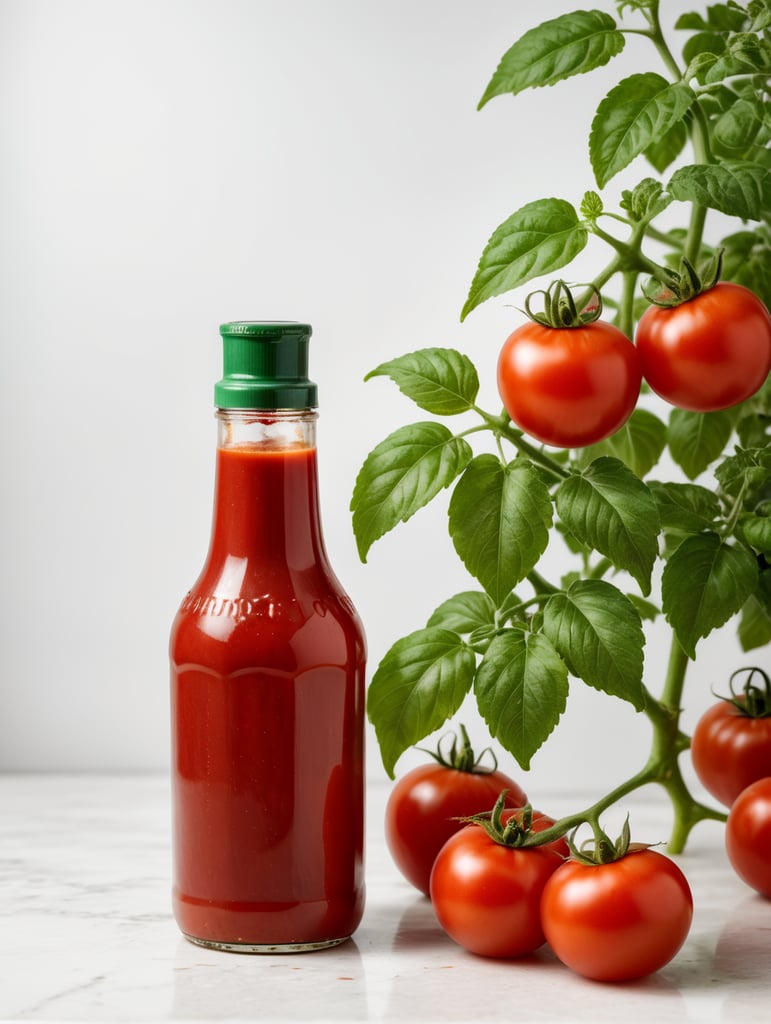 tomato ketchup bottle, red tomato with green leaves, isolated, white background