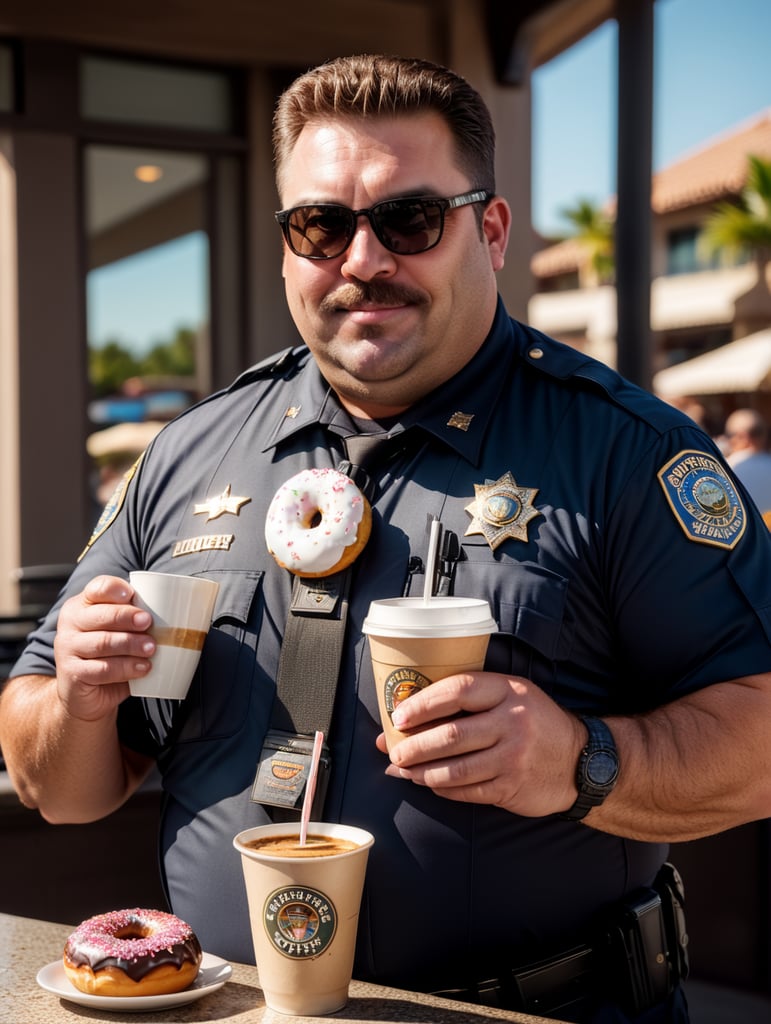 very fat cop with donut and cup of coffee, happy, sunglasses, image, portrait