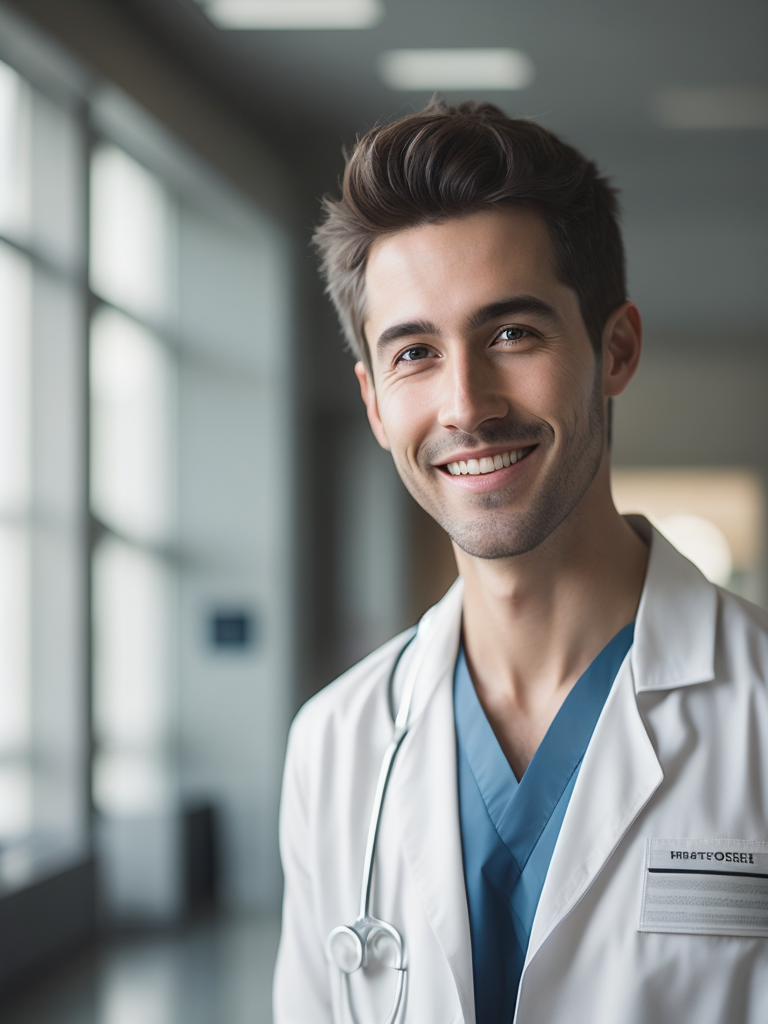 happy doctor in hospital lobby, bright daylight, ultra-realistic, sharp focus, detail, 70mm, cinematic, film, realistic, photography