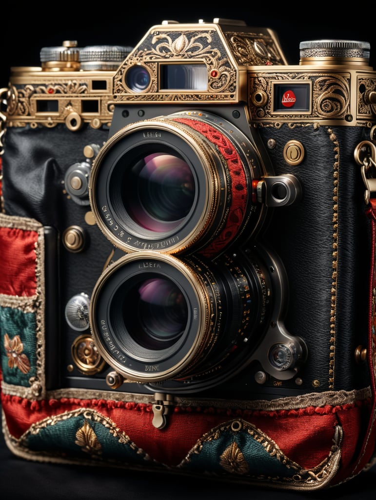 leica camera, decorated with textile, fabric case, isolated, black background