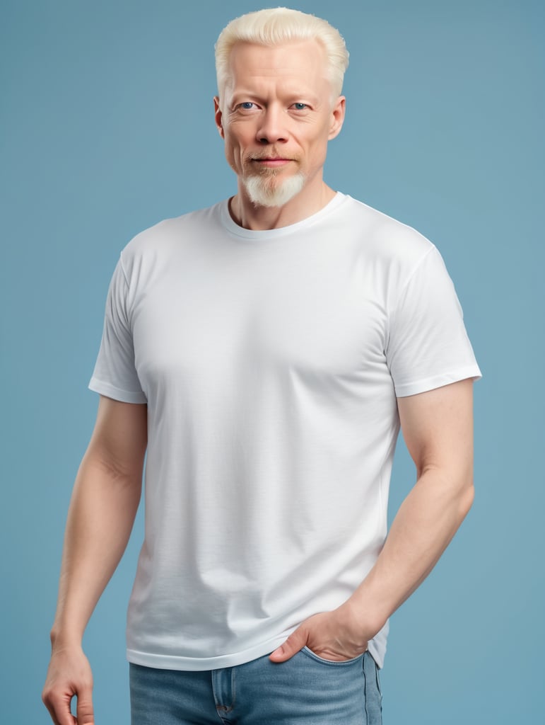 A middle-aged albino man wearing a white T-shirt, isolated, blue background, mockup, mock up