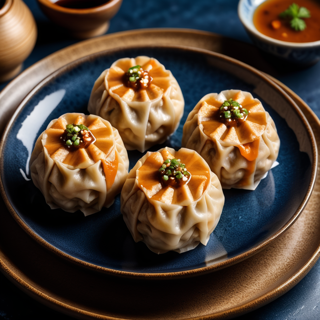 three chicken Shumai dumplings on a dark blue plate