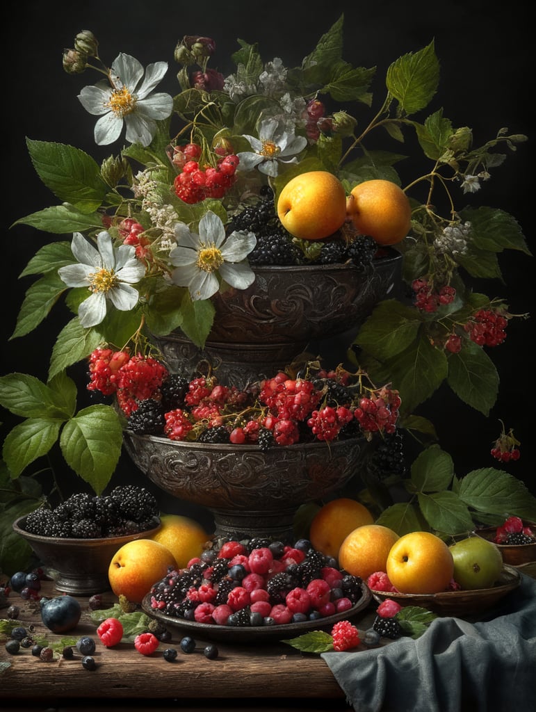 Summer still life with flowers and wild berries