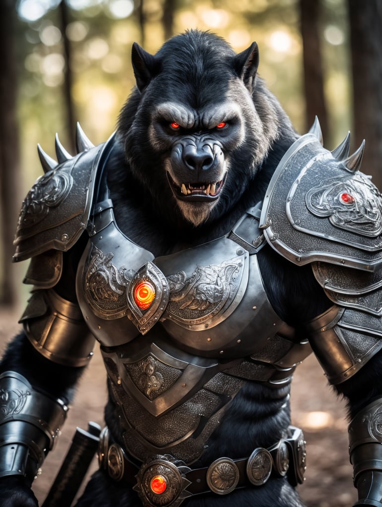 Silverback werewolf assassin wearing armor with glowing eyes