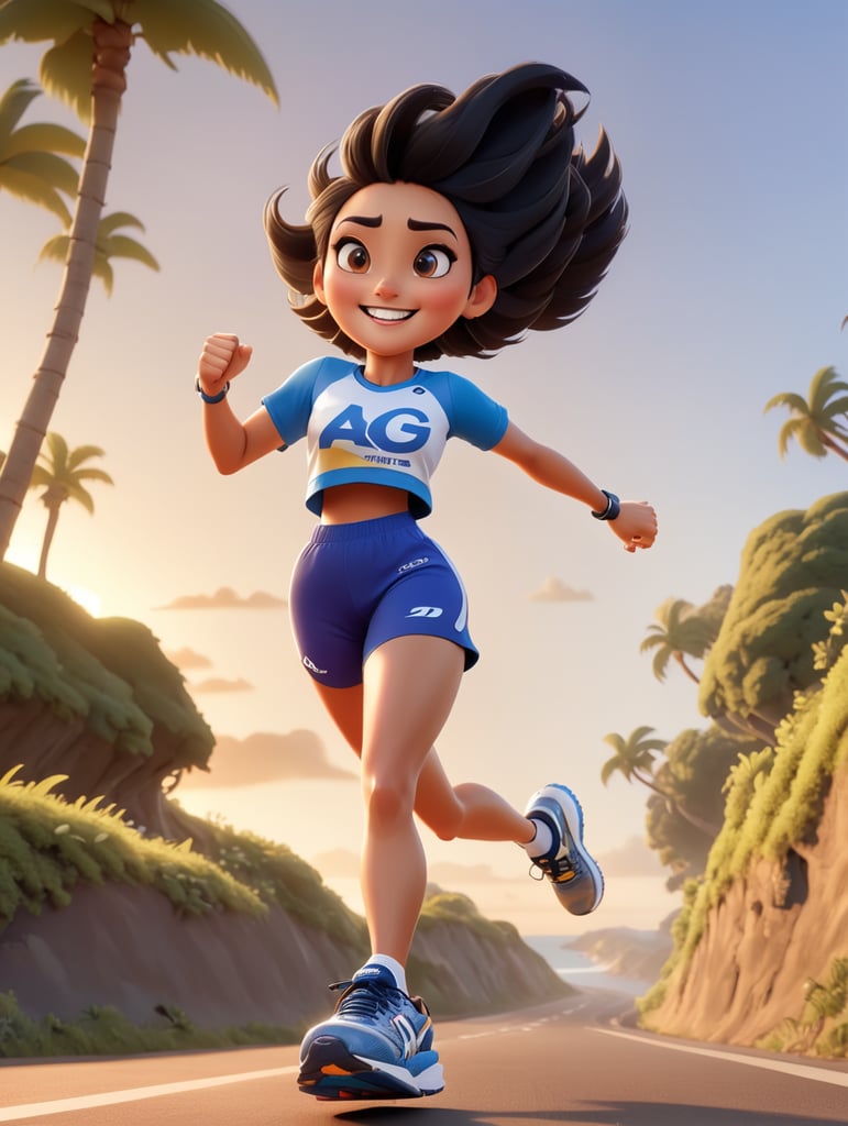 Disney pixart lady. She’s running at the sunrise on a road near the sea. She’s wearing ASICS shoes, tshirt ASICS brand and tight ASICS. She’s happy. She has long legs, short hair, black and white hair. The shoes are asics brand. The tshirt is black. Brown eyes