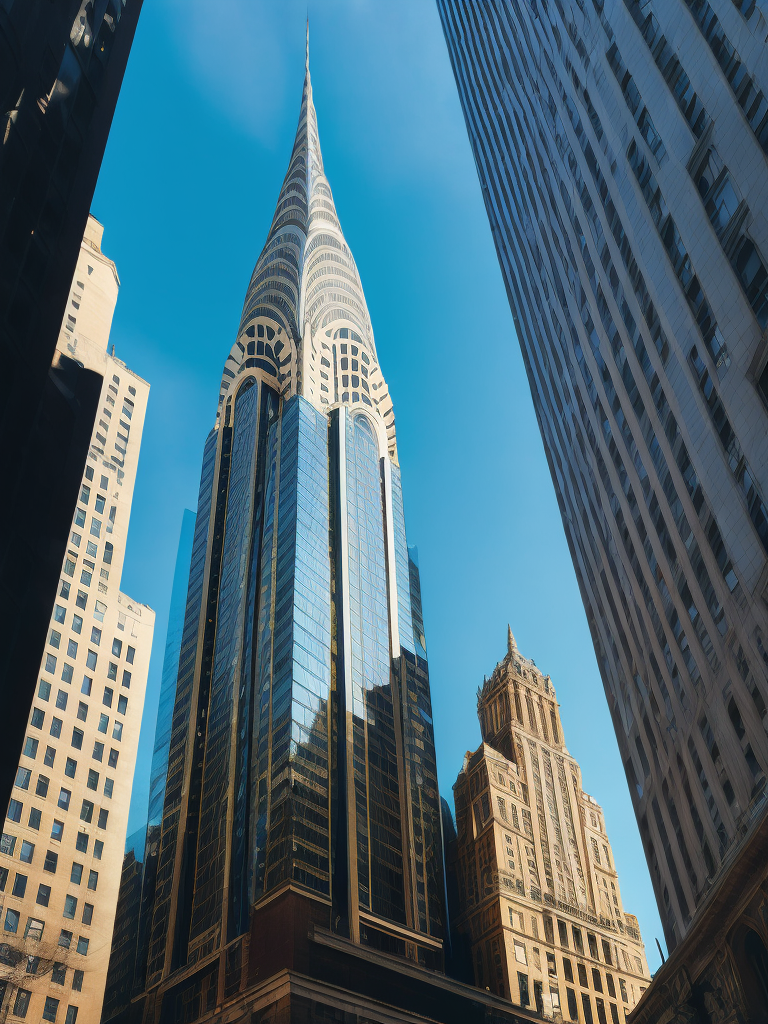 Chrysler Building, New York in the background, Blue sky, Vibrant colors, Deep colors, Contrast lighting, Sunny day, High detail, Sharp details