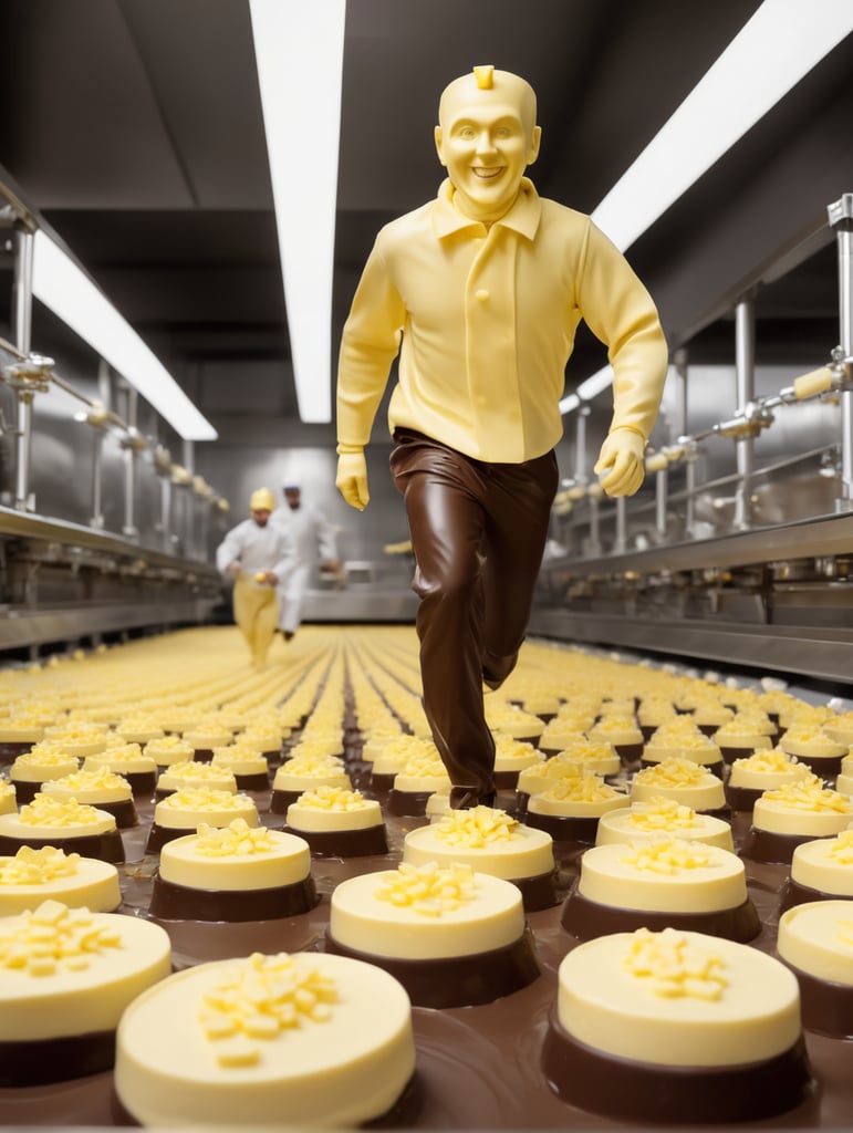 a person made of butter running a chocolate factory