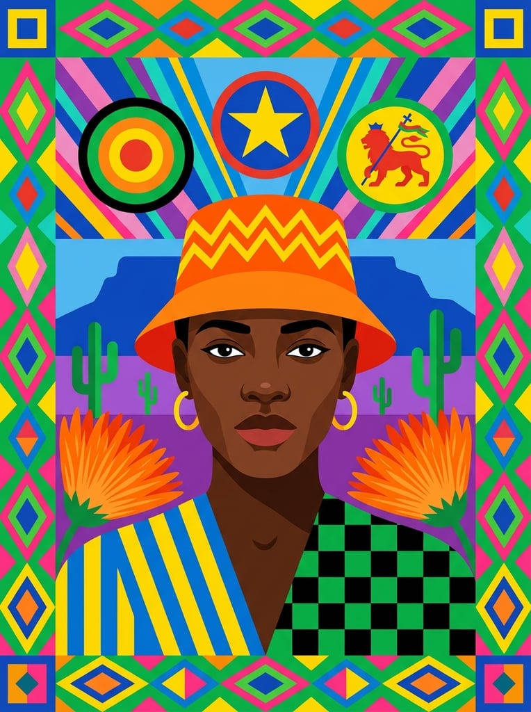 A vibrant, highly graphic portrait of a dark-skinned figure centered within a symmetrical composition of geometric patterns. The figure gazes directly forward, wearing an orange bucket hat with yellow zig-zags, gold hoop earrings, and a garment split between blue-and-yellow stripes and black-and-green checks. Behind them, a stylized landscape features a flat-topped blue mountain, purple terrain, green cacti, and a blue sky. Above, the backdrop bursts with diagonal stripes and three circular medallions containing concentric circles, a yellow star on blue, and a red lion with a staff. Large orange feathery flowers flank the shoulders. A thick frame of repeating diamond and triangle motifs in vivid green, pink, yellow, and blue surrounds the scene. The flat rendering technique uses crisp edges and unshaded solid color blocks to create a bold, maximalist aesthetic.