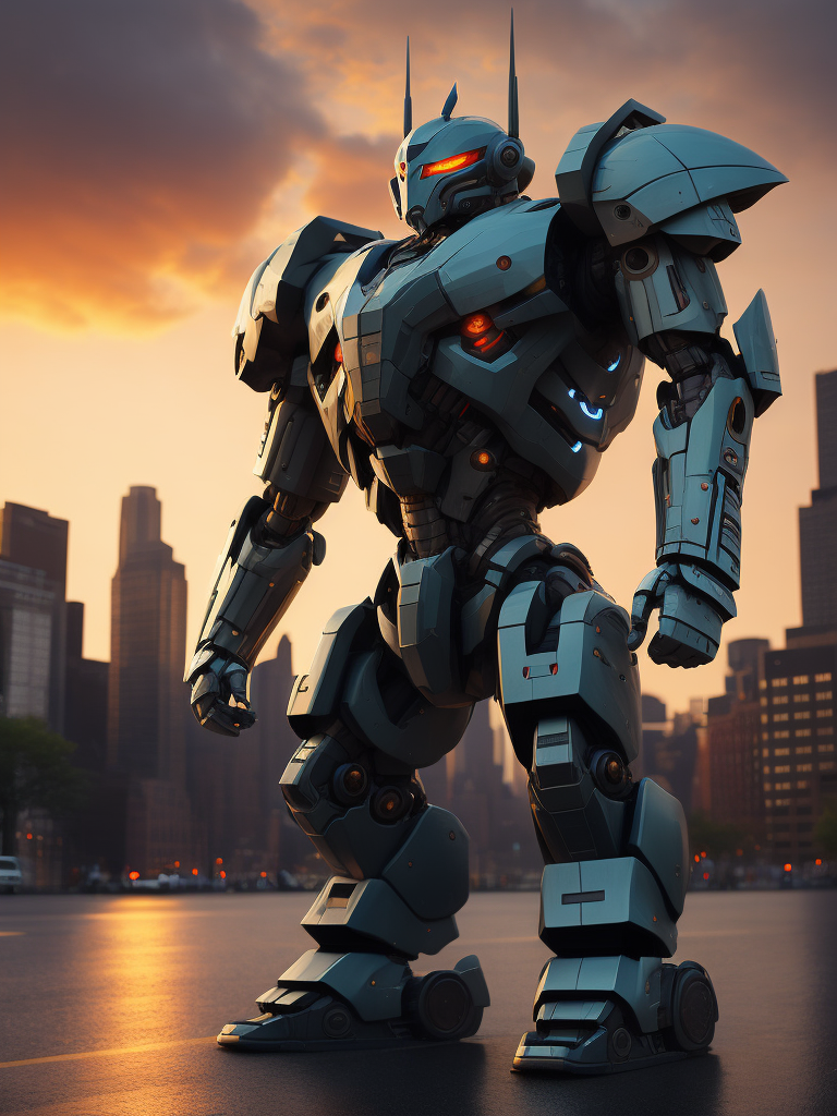 Giant mecha robot made of architectural building pieces, shiny armor, hyper realistic, incredibly high detail, colorful, dramatic lighting, sunset, city skyline, new york, city lights, street, parked cars, tiny people running