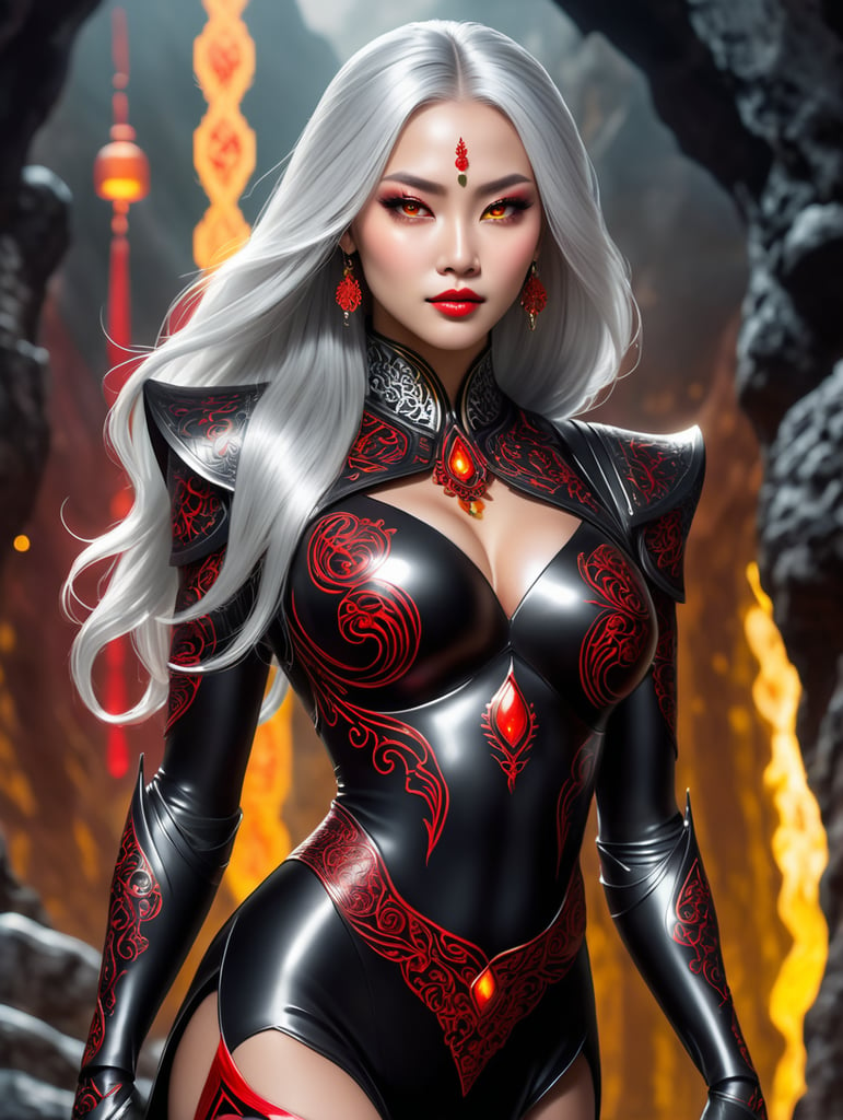 A female drow character with an extremely dark, obsidian black complexion and a muscular fitness physique, in a square format. Her skin is polished obsidian-like, emphasizing her muscular build. Her long, silver hair creates a vivid contrast. Her eyes are vibrant, glowing red. She's adorned in a sleek, black high-slit cheongsam dress with yellow pattern throughout, showcasing her strength and body curves in a detailed, full-body view. The background is a mystical realm with glowing symbols and an underground cavern hint. Her confident, dominant pose highlights her formidable character.