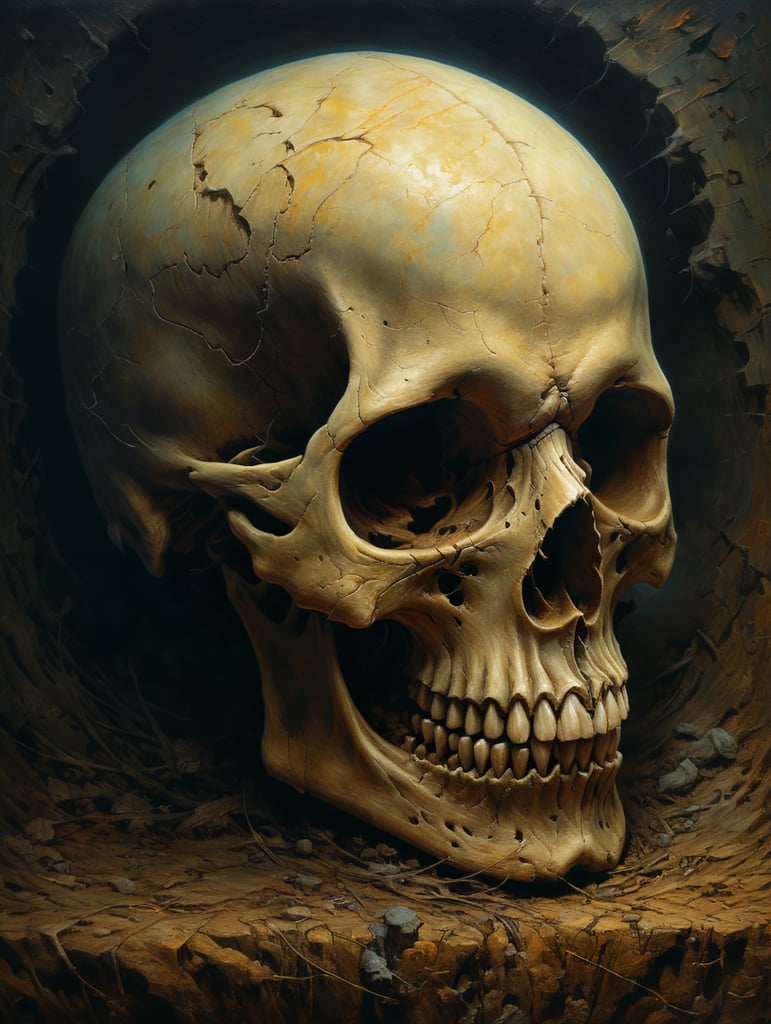 Skull painting by zdzisław beksiński with a cartoonist element to it