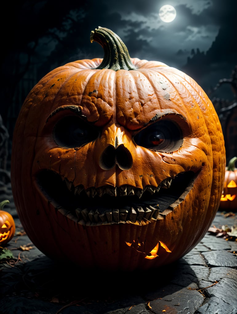 Halloween pumpkin photorealistic illustration, scary, dark