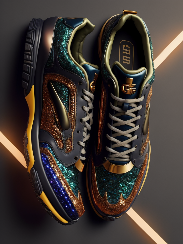 gemstone-embellished Gucci fashions with luminous lines and sequins. hyper realistic image of hi-tech sports puffy sneakers modern fashion, deep atmosphere, saturation, vibrance, sharp on details