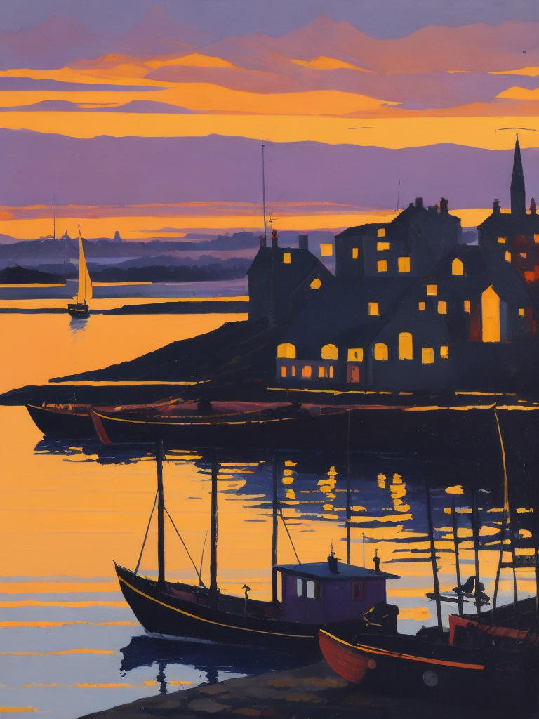 A painting by Andre Lhote. A painting of Dunbar Harbour at sunset captures the tranquil beauty and historic character of this Scottish harbor through an engaging fusion of Cubist and Fauvist styles. The peaceful waterfront, lined with fishing boats and surrounded by ancient castle ruins, is depicted using bold, fragmented shapes, while the surrounding rocky coastline and calm sea are rendered in warm hues of orange, pink, and purple. The scene conveys a sense of nostalgia and maritime heritage, reflecting the essence of Dunbar Harbour at sunset.