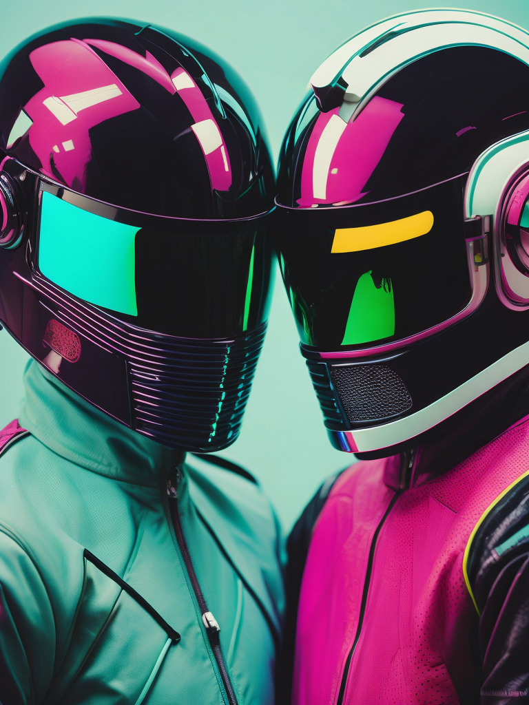 Portrait of daft punk, ultra realism, super detailed, neon colors, magazine cover, professional shot, magazine photography, bright saturated colors, sharp focus, highly detailed